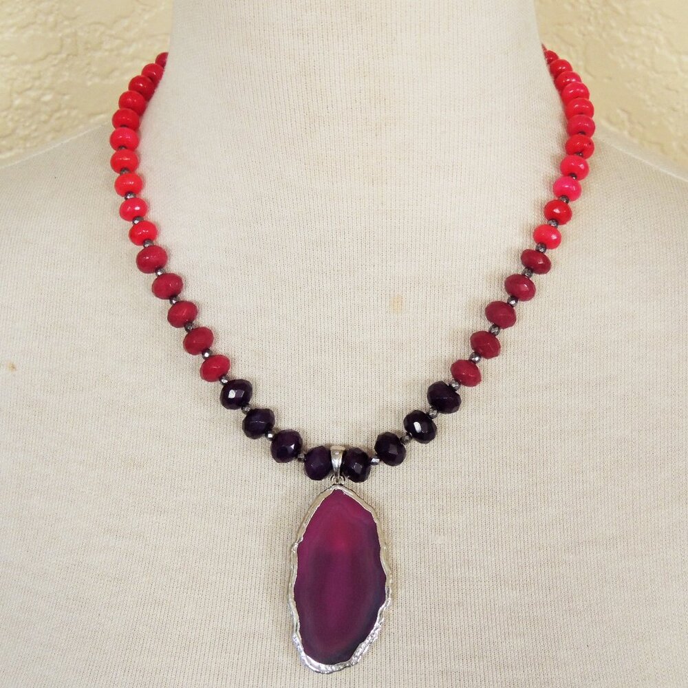 Fuchsia Pink, Eggplant Purple, Jade Gunmetal Ombre Pendant Statement Necklace